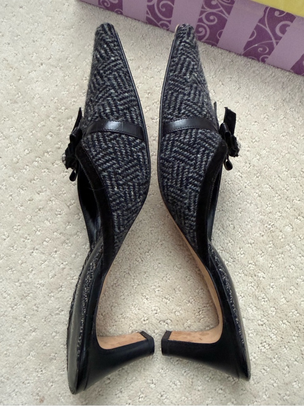 Brighton Black and Gray Tweed Jeweled Kitten Heeled Mules